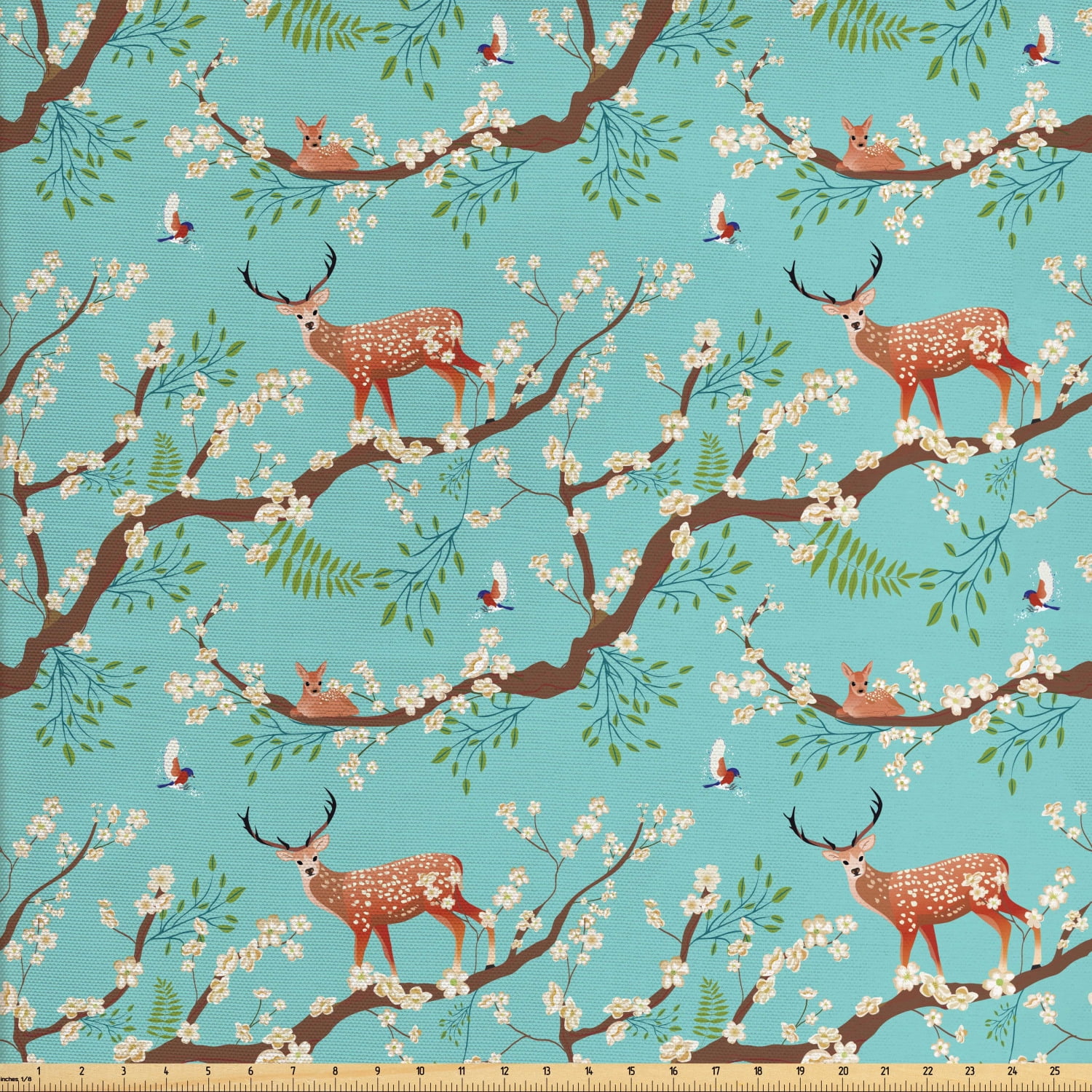 Forest Fabric by the Yard, Animal Bird Sika Deer Japanese Style Pattern Sakura Blossoms Garden