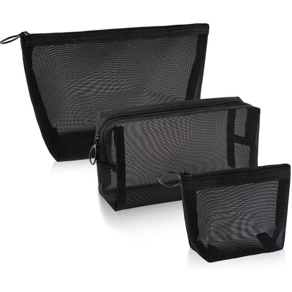 Three-Piece Set (Large, Medium, Small) Mesh Cosmetic Bag with Zippered Pockets, Travel Toiletry Bag, a Must-have for Home, Office, and Travel (Black).