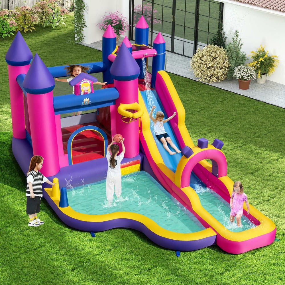 Resenkos Princess Themed Inflatable Water Slide Bounce Castle with Climbing Wall - Equipped with 680W Blower - Multicolor