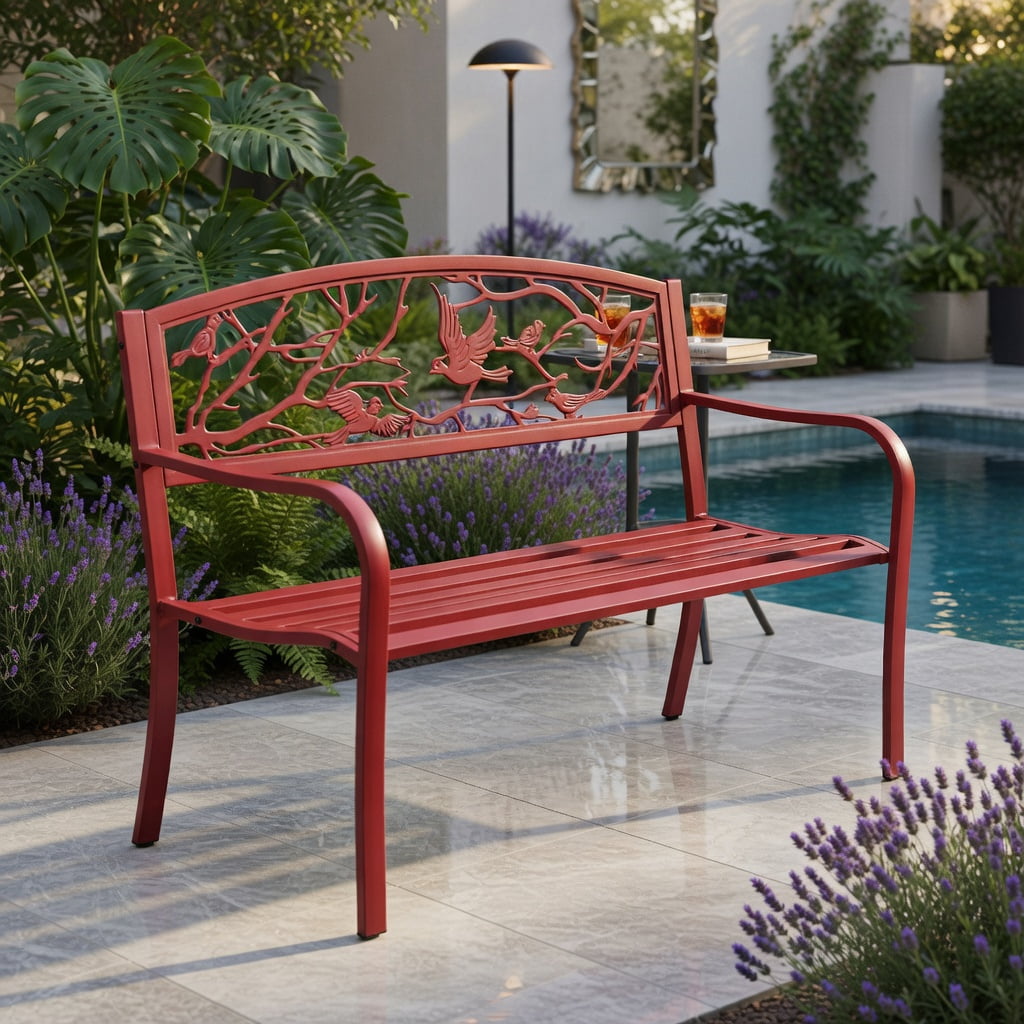 Hommoo Steel & Cast Iron Outdoor Garden Bench for Patio, Yard, Deck or Park, with Ergonomic Backrest and Armrests, Red