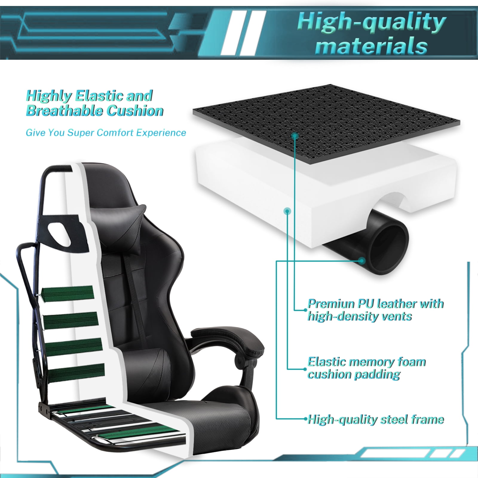 Luxvie Gaming Chair with Footrest High Back Office Chair with Headrest&Massage Lumbar Support Swivel Ergonomic Gaming Chair for Adults, Black