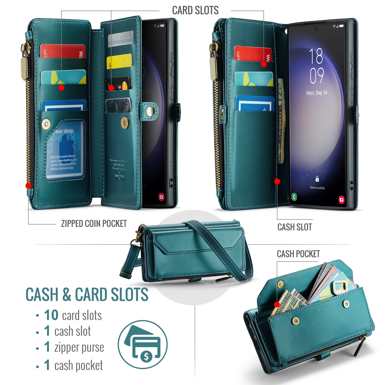 Compatible with Samsung Galaxy S23 Ultra 5G Zipper Wallet Phone Case Tempered Glass Screen Protector Crossbody Lanyard Strap Flip Card Holder Slot Cell Cover for S23Ultra 23S S 23 6.8 Women Green