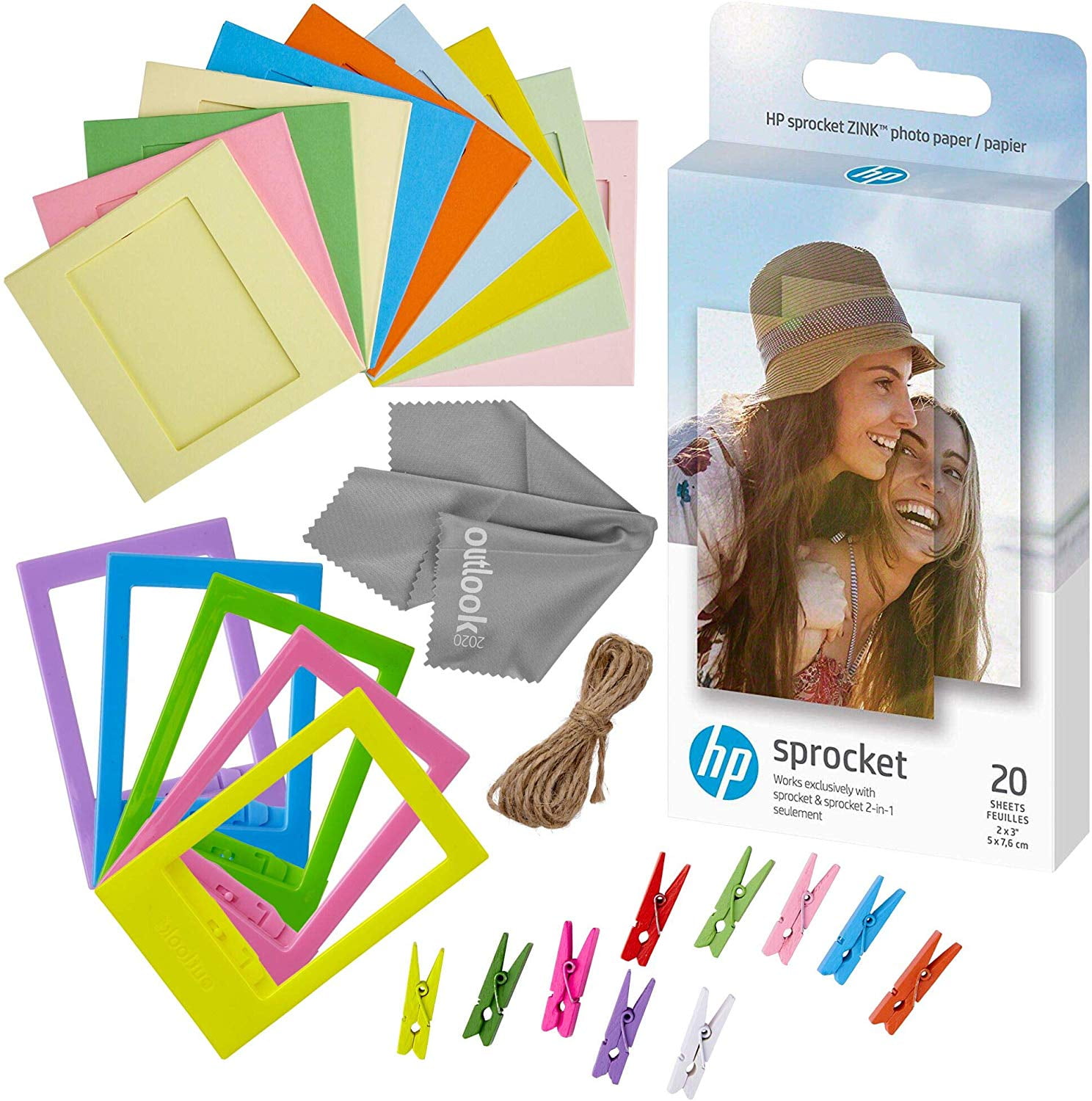 Zink Photo Paper and Frames Bundle - 20 Pack - Sticker Paper for HP Sprocket  Printers - Sticky 2x3 Sheets for Printing Pocket Size Phone Pictures - with  Frames, Hanging Clips, String 