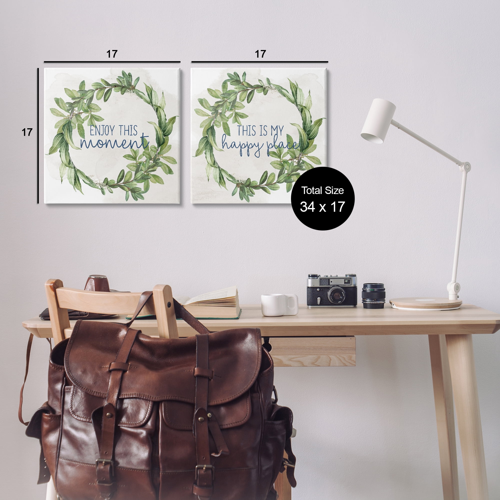 Stupell Industries Enjoy Happy Greenery Wreath Text & Numbers Painting Wrapped Canvas Art Print Wall Art, 17 x 17, Set of 2