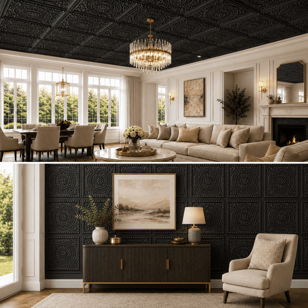 Yeslife 12-Pack Barque Decorative Drop Ceiling Tiles, 2 ft x 2 ft Black PVC Ceiling Panels, Waterproof, Easy to Install, Covers 48 sq ft