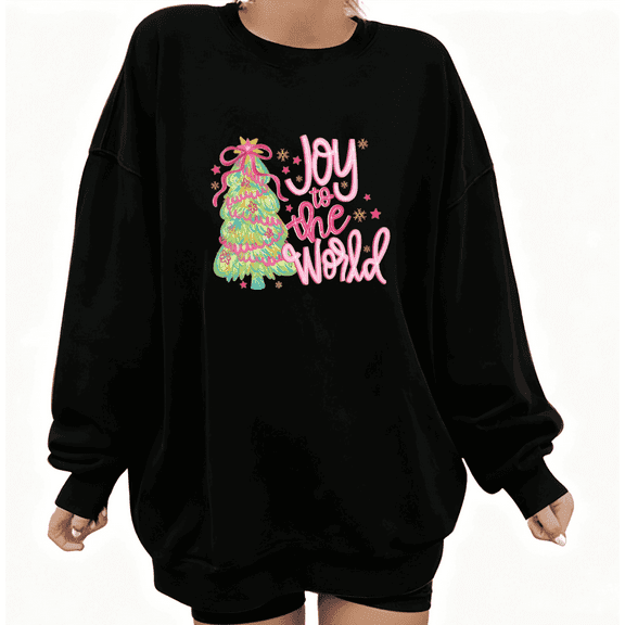Women's cotton Black Sweatshirt Graphic Tees Shirts "Joy to the World" Neon Christmas Tree Art Design Tops S-3XL