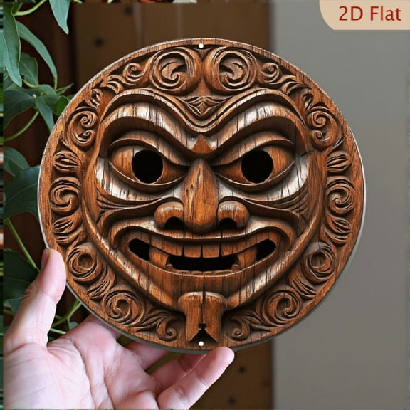 2D Flat, 1pc Vibrant Tiki Mask Wall Art - 8*8 Inch Aluminum Round Wreath Sign with Intricate Polynesian Design, No Electricity Needed, Easy Wall-Mounted Decor for Kitchen, Living Room, Office