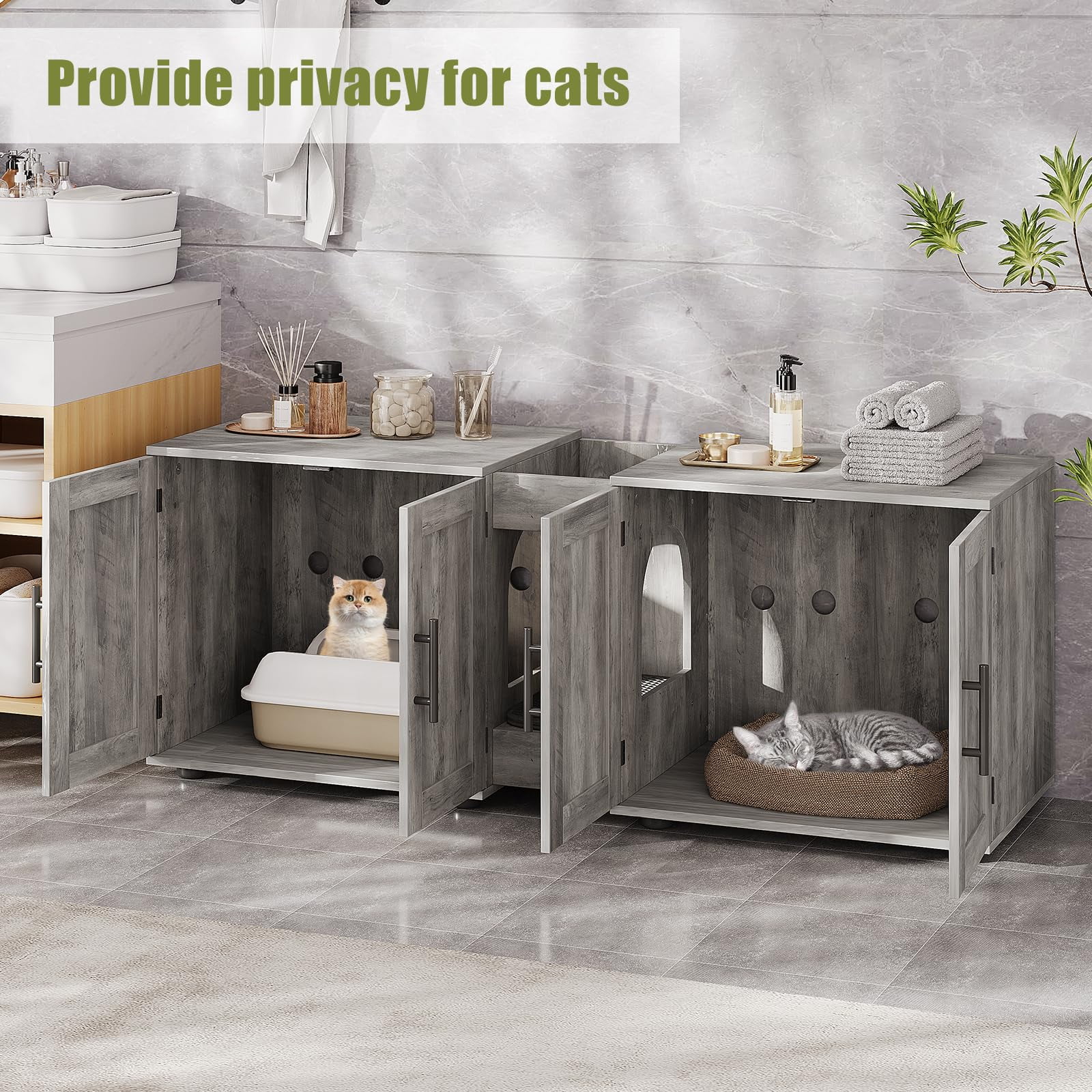 Cat Litter Box Enclosure for 2 Cats, 55" Hiddden Litter Box Enclosure Furniture 3-in-1 Wooden Litter Cabinet with Barn Door & Double Rooms for Bedroom Living Room