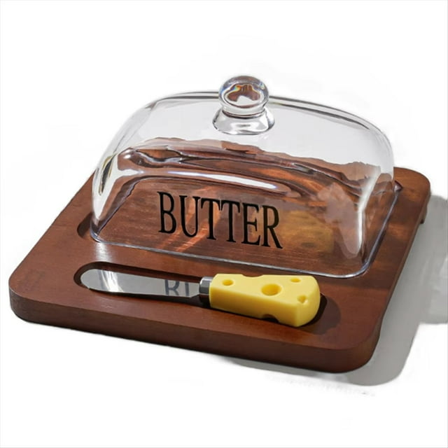 Elegante Mantequera de Estilo Nórdico con Tapa, Bandeja de Madera y Cubierta de Vidrio - Accesorio de Cocina Elegante con Cortador de Mantequilla B