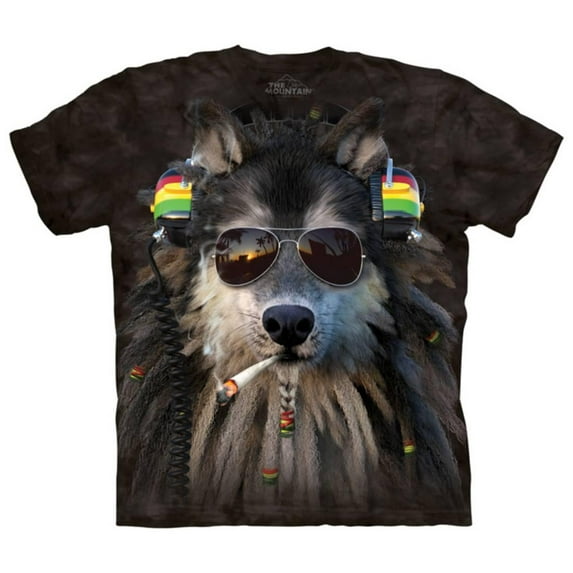 Black Cotton Smoking Rasta Wolf Design Novelty Adult T-Shirt
