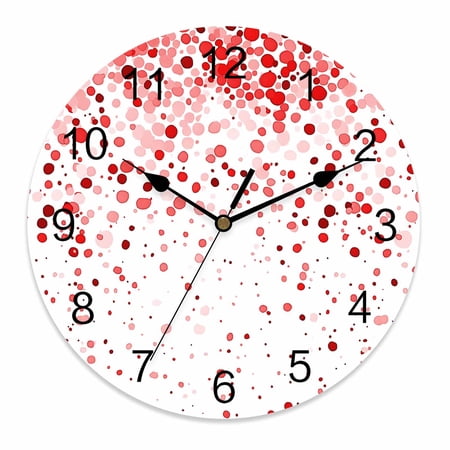 Wall Clock 12 Inch Abstract Watercolor Round Silent Decorative Wall Clocks Battery Operated for Living Room Bedroom Kitchen Classroom Decor, Polka Dot Texture Red,Large
