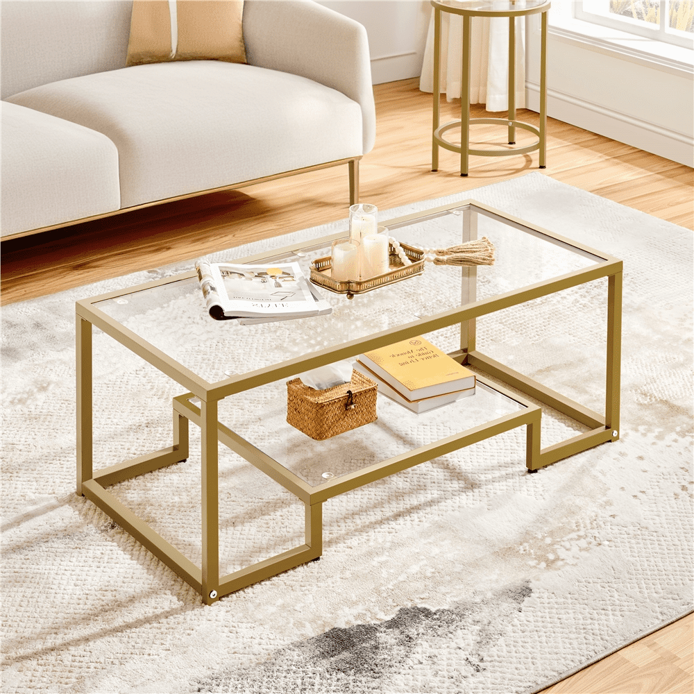 Alden Design Modern Storage Tempered Glass Iron Coffee Table, Gold