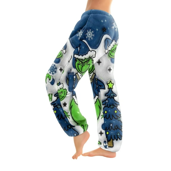 Women's Christmas Print Trousers With Drawstring Cuffs Casual Pants And Pajamas