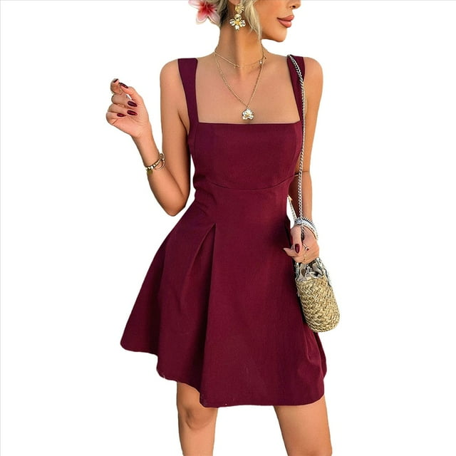 Vestido Mini Informal Sin Mangas con Cuello Cuadrado para Mujer, Estilo Acampanado, para Fiesta y Club. Vino Tinto S