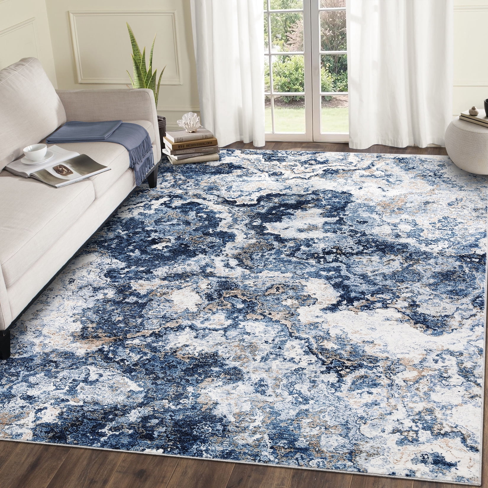 Garvee Modern Abstract Area Rugs for Living Room, 9'x12' Soft Large Washable Rugs Print Pattern Non Slip Floor Carpet, Low Pile Indoor Rug for Bedroom Dining Room, Blue