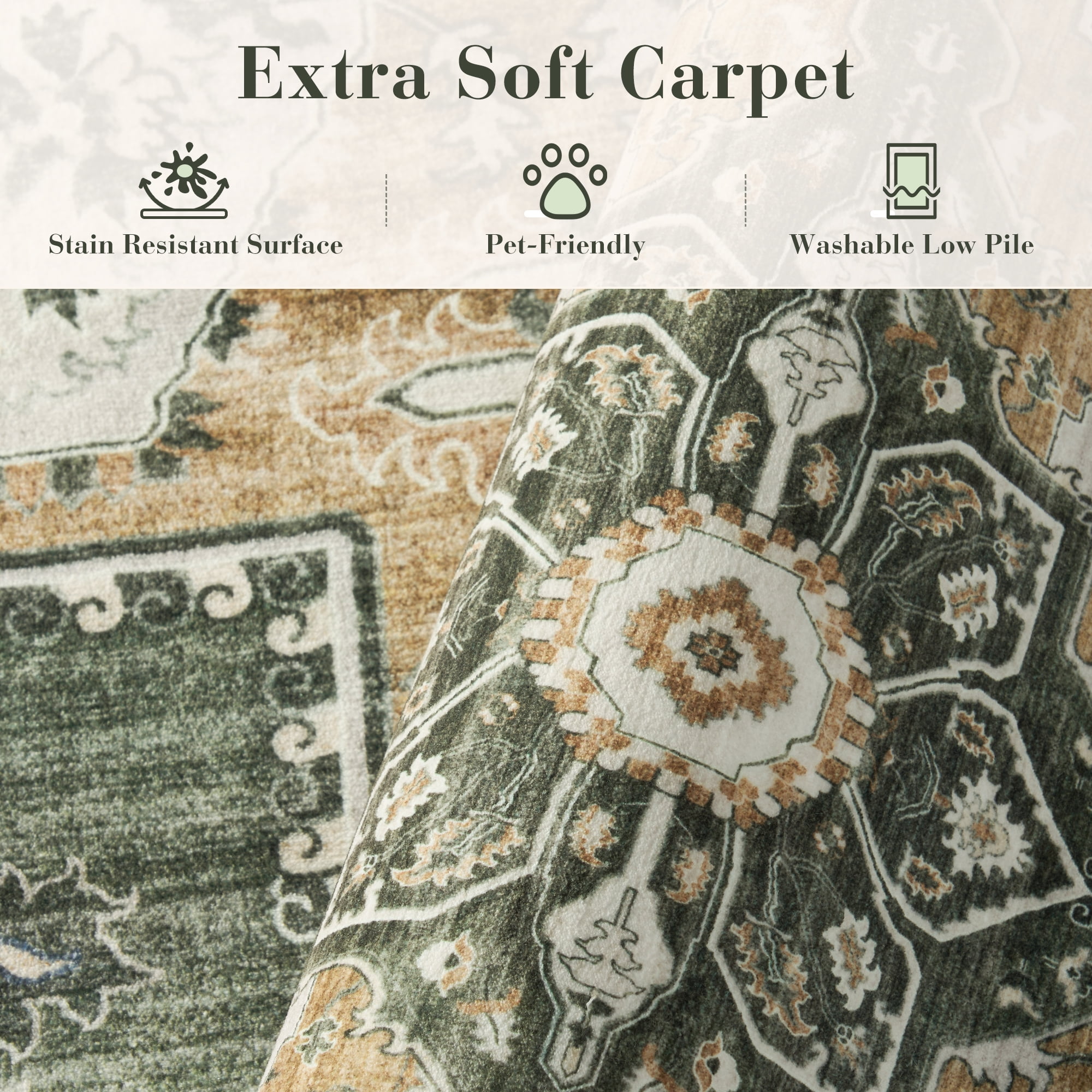 SIXHOME 9'x12' Rugs for Living Room Washable Traditional Distressed Soft Carpet Large Area Rug Retro Floral Indoor Throw Rug for Bedroom Dining Room Vintage Green