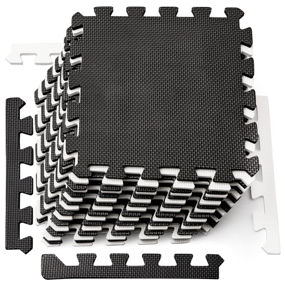 Interlocking Foam Exercise Mats 16 Tiles 12x12in 0.4in Thick Black Cream White