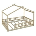 thumbnail image 3 of Full Size House Bed Frame with Fence, Wooden Floor Bed with Doorless Design, Natural, 3 of 9