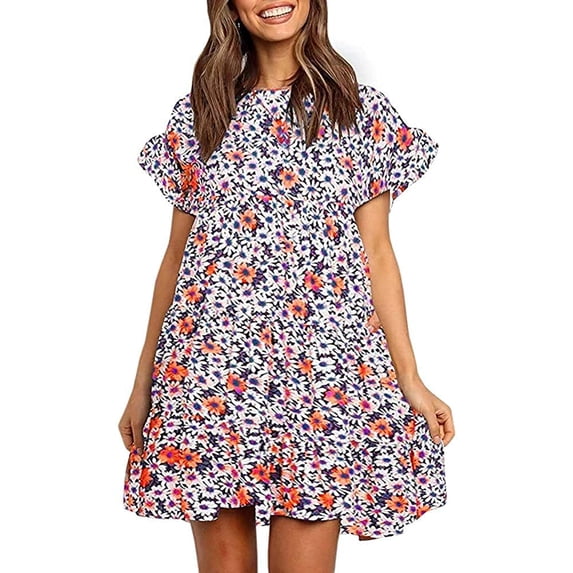 Sherrylily Women Ruffles Boho Floral Printed Swing Casual Short Mini T-Shirt Dress