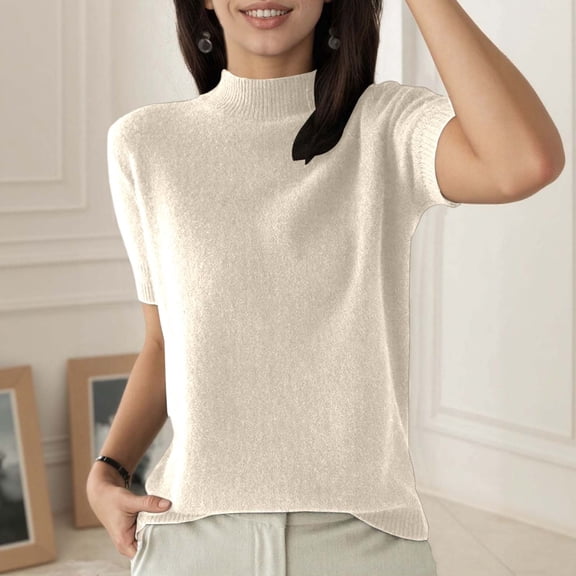 Huowey Women'S Knitted Tops Solid Color Mock Neck Casual Short Sleeve Pullover Sweater Basic Loose Spring Blouse Soft Stretch Comfortable Lightweight Breathable Dailywear,Beige,L