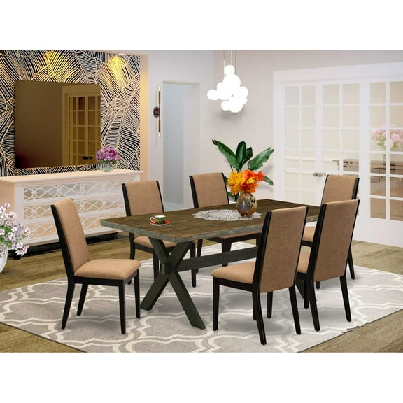 East West Furniture X677LA147-7 7-Piece Amazing Dining Room Set a Great Distressed Jacobean Kitchen Table Top and 6 Beautiful Linen Fabric Kitchen Chairs with Stylish Chair Back, Wire Brushed...