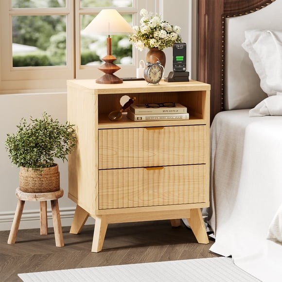 Modern Fluted Night Stand, Wood Nightstand with USB Ports and Outlets, 2 Drawers and Open Shelve, Bedside Table End Table for Living Room Bedroom