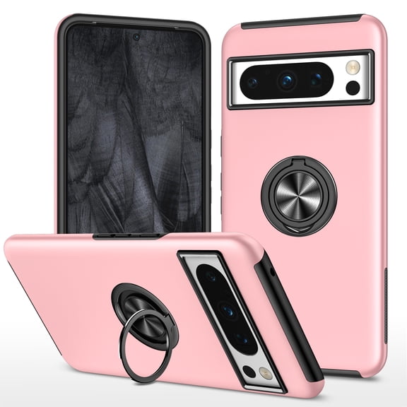 Ring Stand Case for Google Pixel 10A, Dual-Layers Shockproof Protective Cover with Magnetic Rotated Ring Holder, Heavy Duty Camera Lens Protection Rugged Case for Google Pixel 10A, Rosegold