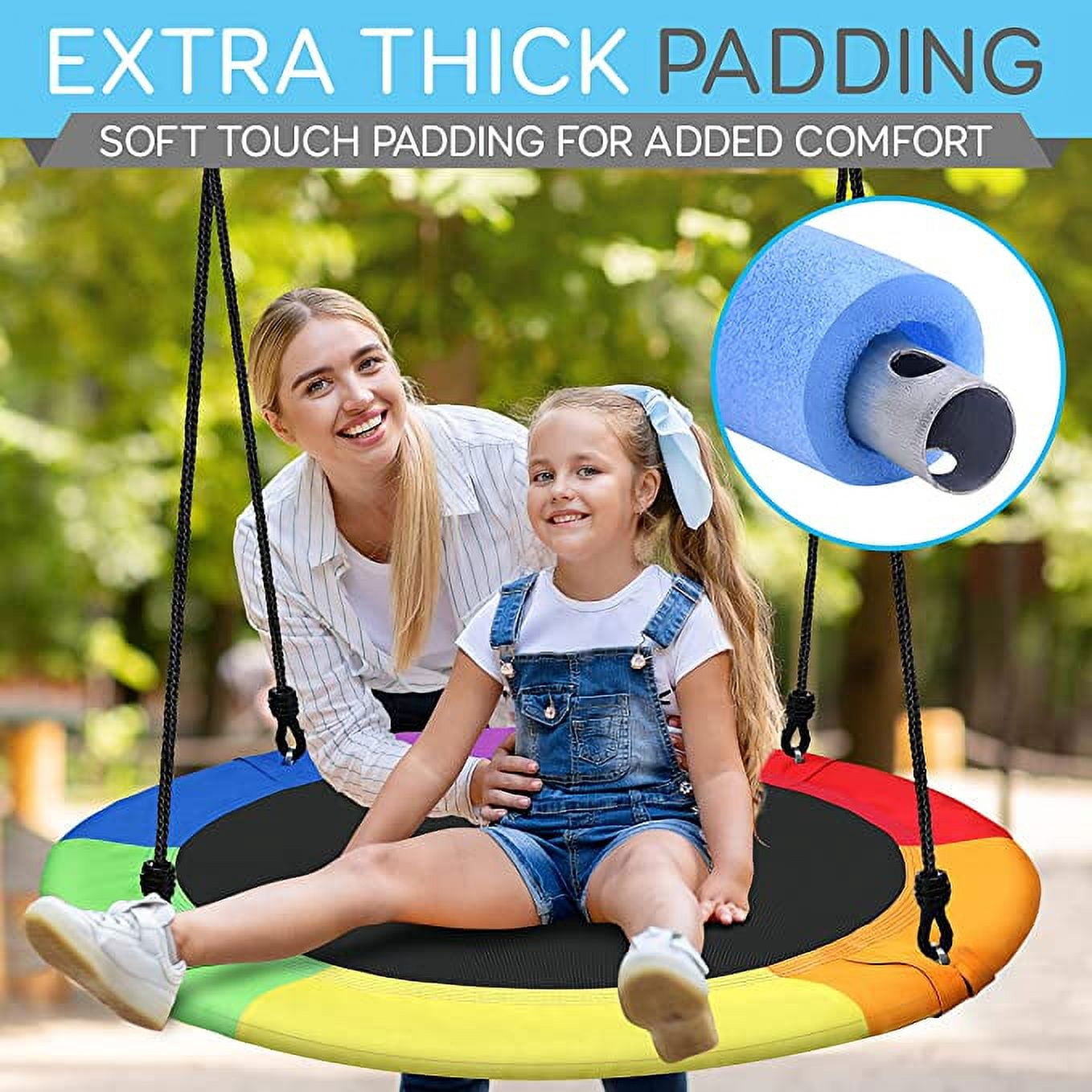 SereneLife Saucer Swing with Hang Kit, Outdoor Tree Swing with Swivel Spinner for Kids (Rainbow)
