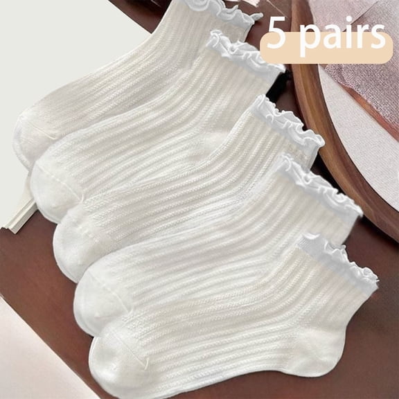Girls' White Ruffled Mid-Calf Socks - 5-Pack Breathable Summer Socks for Kids (2-12Y) - Casual & Dressy Wear