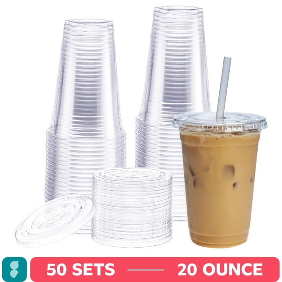 GUSTO Clear Plastic Cups 20 oz Disposable Coffee Cups with Lids, 50-Pack