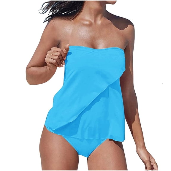 Strapless Tankini Swimsuits for Women 2 Piece Bathing Suits Bandeau Blouson Swim Top with Bottom