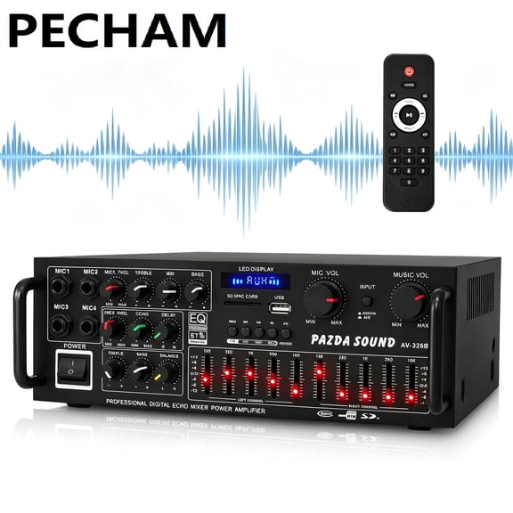 Pecham 500W Stereo Receiver with Bluetooth 5.0, HiFi 2 Channel Audio Amplifier with Remote Control, Home Theater Audio Stereo System Support FM Radio, USB, SD Card