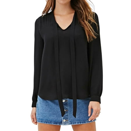 Tie Front Chiffon Blouse - Starvnc Women V Neck Chiffon Tie Front Long Sleeve Blouse