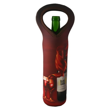 Dark Red Wine - Neoprene Insulated Wine Bottle Holder Carrier Tote, Dark Red Image Of Wine Bottle & Glasses, Keeps Wine, Beer, Or Water Cool & Fresh Portable & Stylish