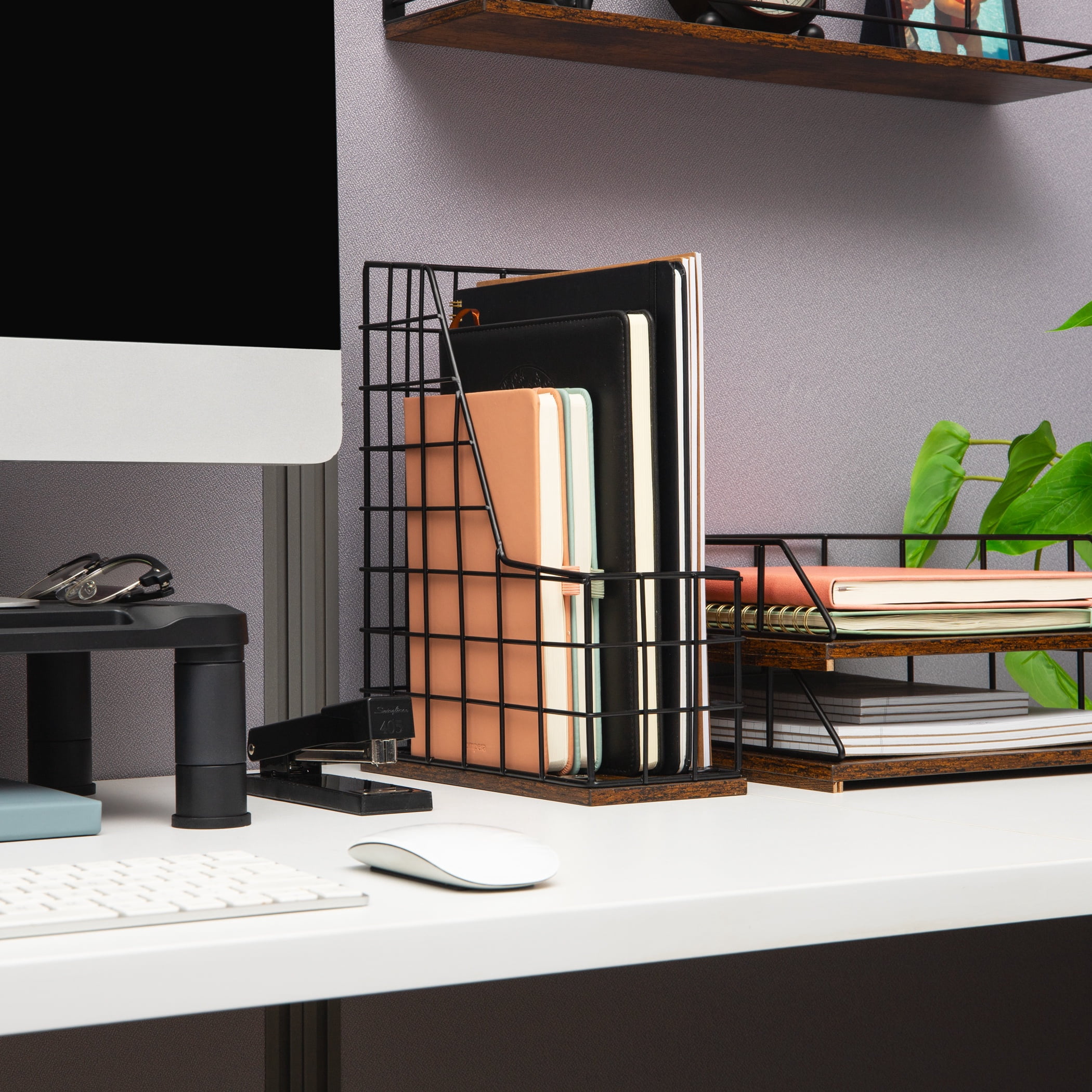 Mind Reader Vertical File Organizer with Wood Base and Black Metal Frame, Desktop Magazine Holder, Modern File Rack, Metal and Wood, Black