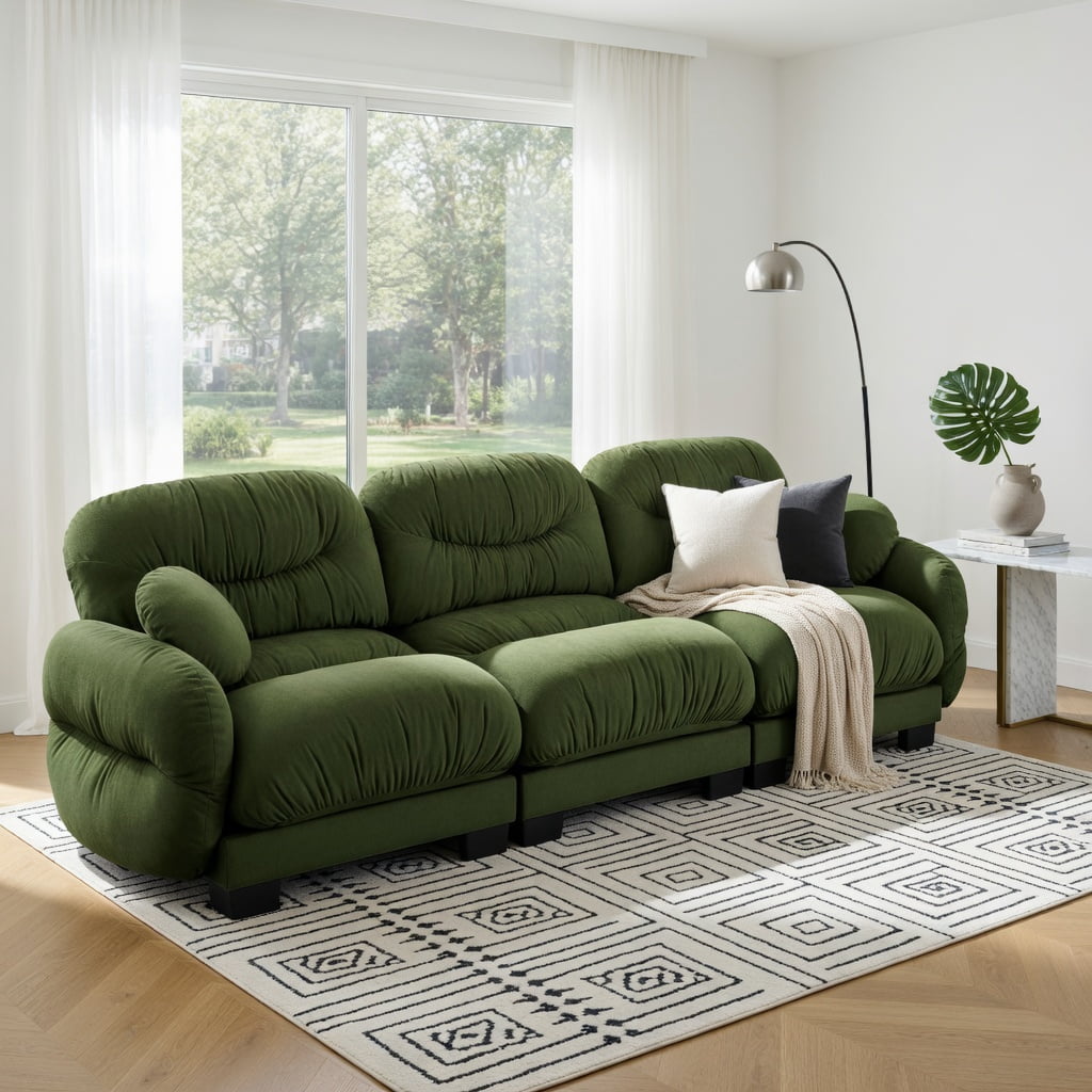 Hommoo Chenille 3-Seat Modular Sofa with Pleated Back, Ergonomic High-Density Foam Cushions, Curved Armrests & 2 Round Throw Pillows, Green