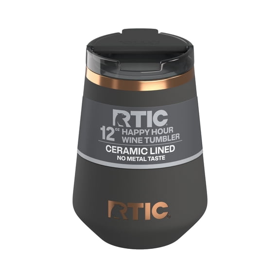 RTIC 12 oz Ceramic Lined Insulated Happy Hour Wine Tumbler, Leak Resistant Lid, Soft-Touch Exterior, Light Black
