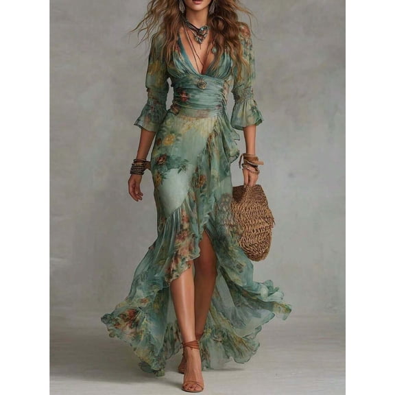 Women Floral‑Print V‑Neck Flowy Maxi Dress, Irregular Hem Long Vacation Summer Dress