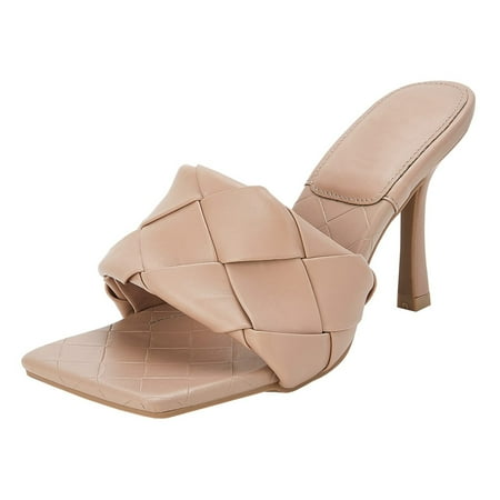 

Womens Braided Heels Sandals Square Open Toe Heeled Leather Mule Woven Slides Stiletto Slip On Quilted High Heel Shoes