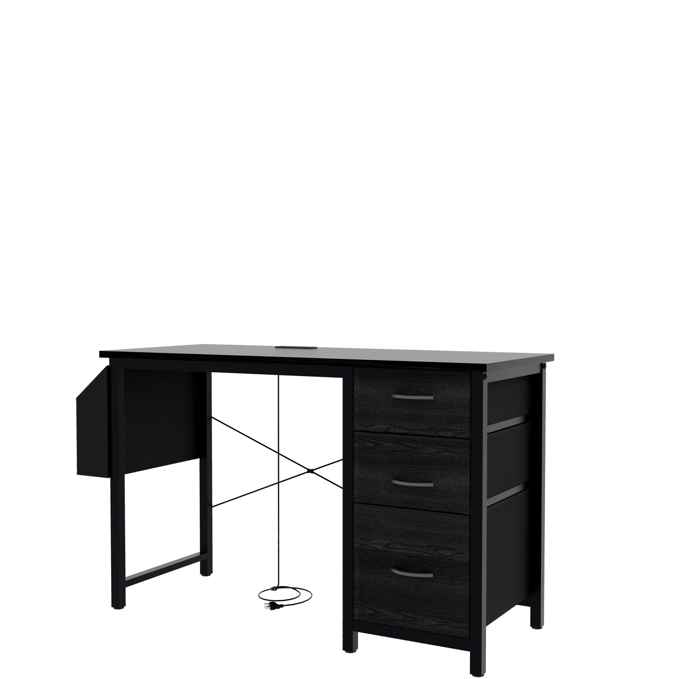 DEALTOPS Computer Desk with Power Outlets, Office desk with Reversible Fabric Drawers and Side Pocket, Black