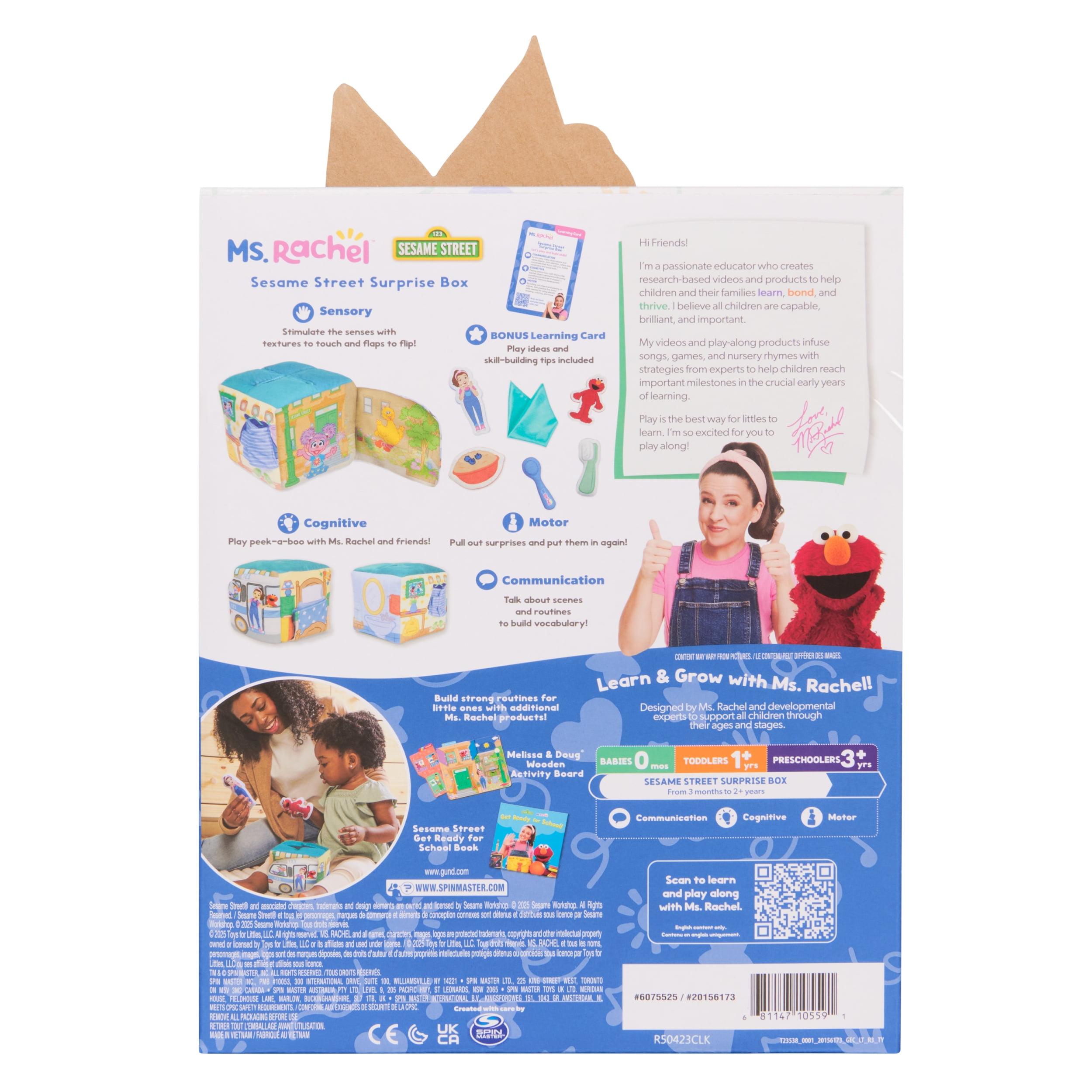 Ms. Rachel x Sesame Street, Coffret Surprise Learning Box avec peluches Elmo et Ms. Rachel, jouets éducatifs avec animaux en peluche, jeux et activités sensoriels pour bébés, jouets pour filles et gar