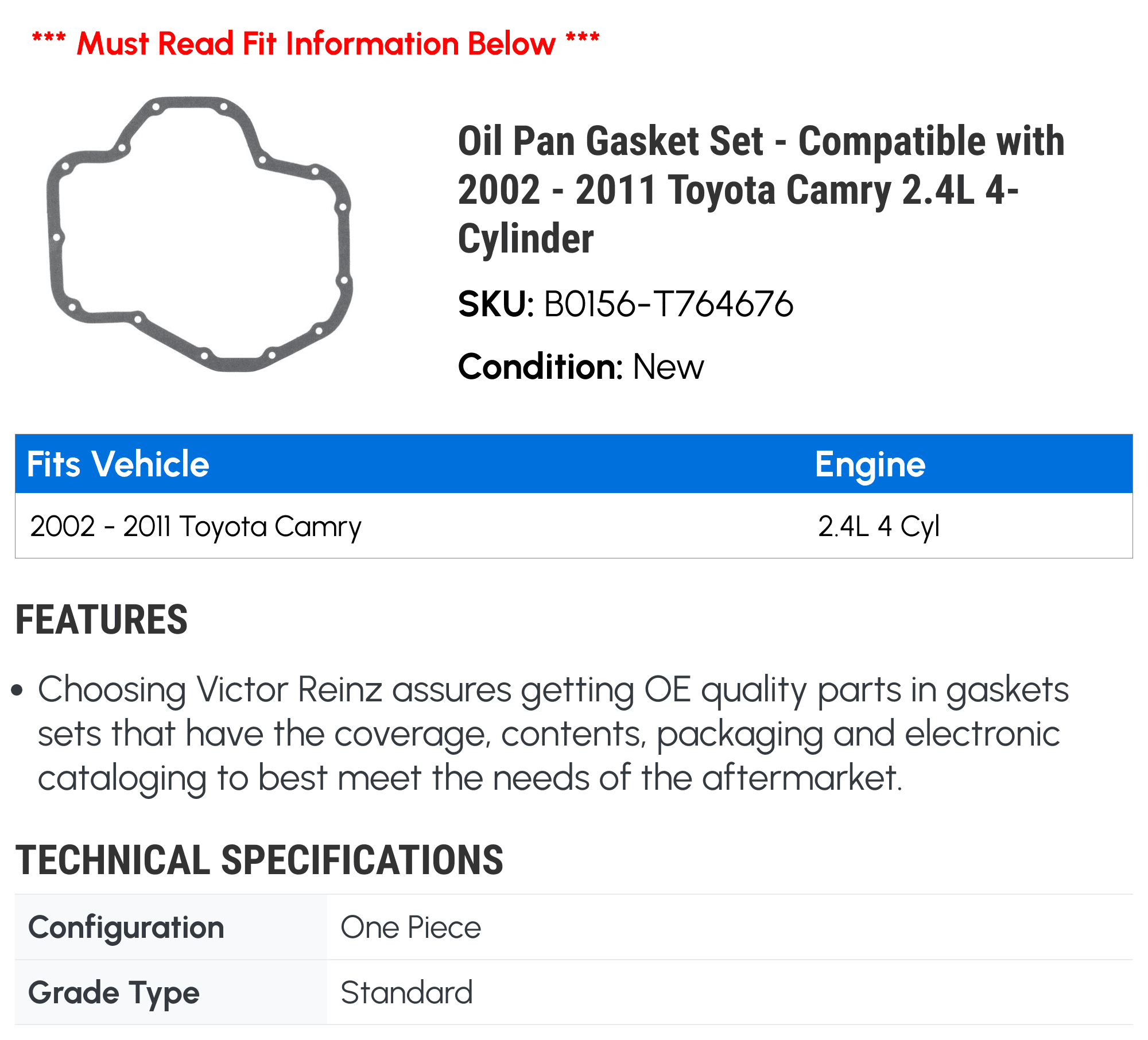 Oil Pan Gasket Set - Compatible with 2002 - 2011 Toyota Camry 2.4L 4-Cylinder 2003 2004 2005 2006 2007 2008 2009 2010
