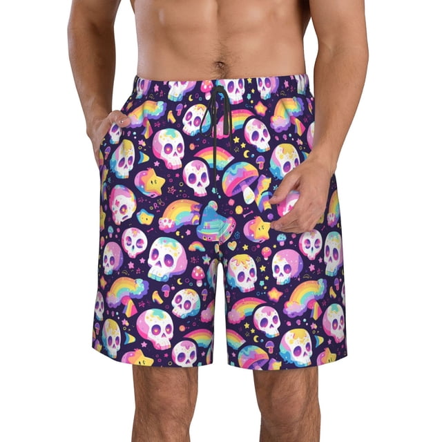 Balery Skull colorful mushroom rainbow Traje de Baño Estilo Hawaiano para Hombre, Shorts de Secado Rápido con Bolsillos-XX-Large