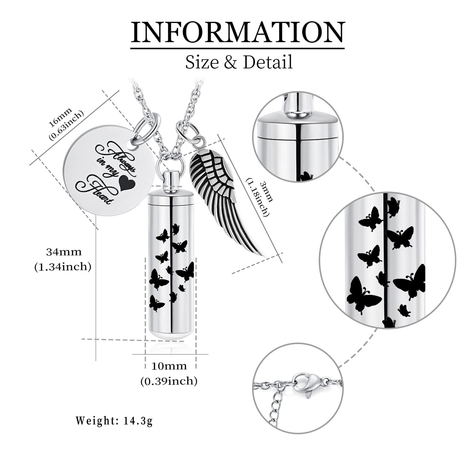Personalize Cylinder Urn Ashes Necklace for Women Men Butterfly Cremation Jewelry Ash Loved One Memorial Angel Wing Pendant