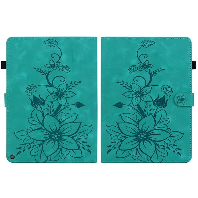 XYX Tablet Case for Kindle Fire HD 10 (11th Generation, 2021 Release), Lily Flower Pattern PU Leather Multiple Viewing Angles Stand Slim Folio Tablet Cover (Green)