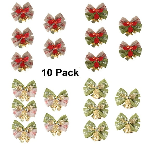 Plastic Christmas Bows, with Golden Bells (10 Count), Xmas Ornaments for Christmas Tree Home Decor