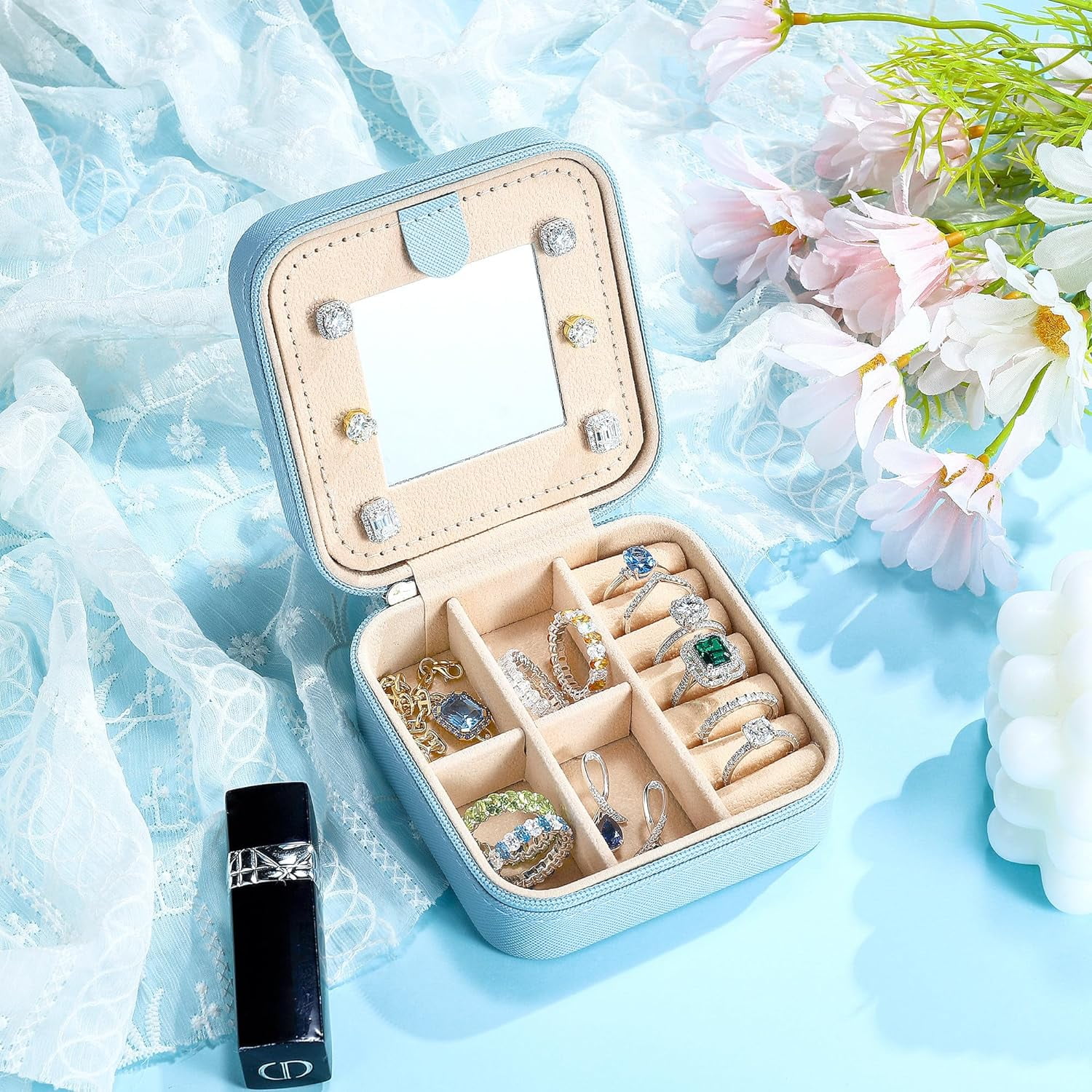 Travel Jewelry Case For Women Girls, Initial Jewelry Box | Small Jewelry Box | Travel Jewelry Box For Women | Travel Jewelry Case | Travel Gifts For Women| Travel Jewelry Organizer - Sky Blu[Z1]