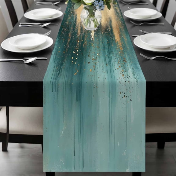 Modern Turquoise Gold Table Runner 90 Inches Long, Abstract Teal Minimalist Art Kitchen Coffee Dining Table Decoration for Home Party Birthday Wedding Home Decor 13x90 Inches