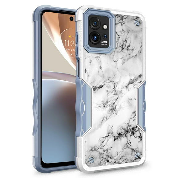 Rosebono Compatible With Motorola Moto G Power 5G 2023 Case, Hybrid Dual Layer Graphic Design Pattern Heavy Duty Protection Case For Motorola Moto G Power 5G 2023 (White Marble)