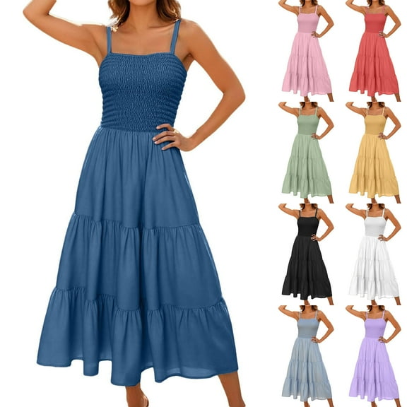 SMihono Summer Maxi Dresses for Women 2025 Elegant Classy Casual Smocked Dress Sleeveless Spaghetti Strap Dresses Beach Dress Purple M